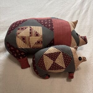Handmade Patchwork Pig Pillows Set of 2 Primitive Country Folk Art Decor
